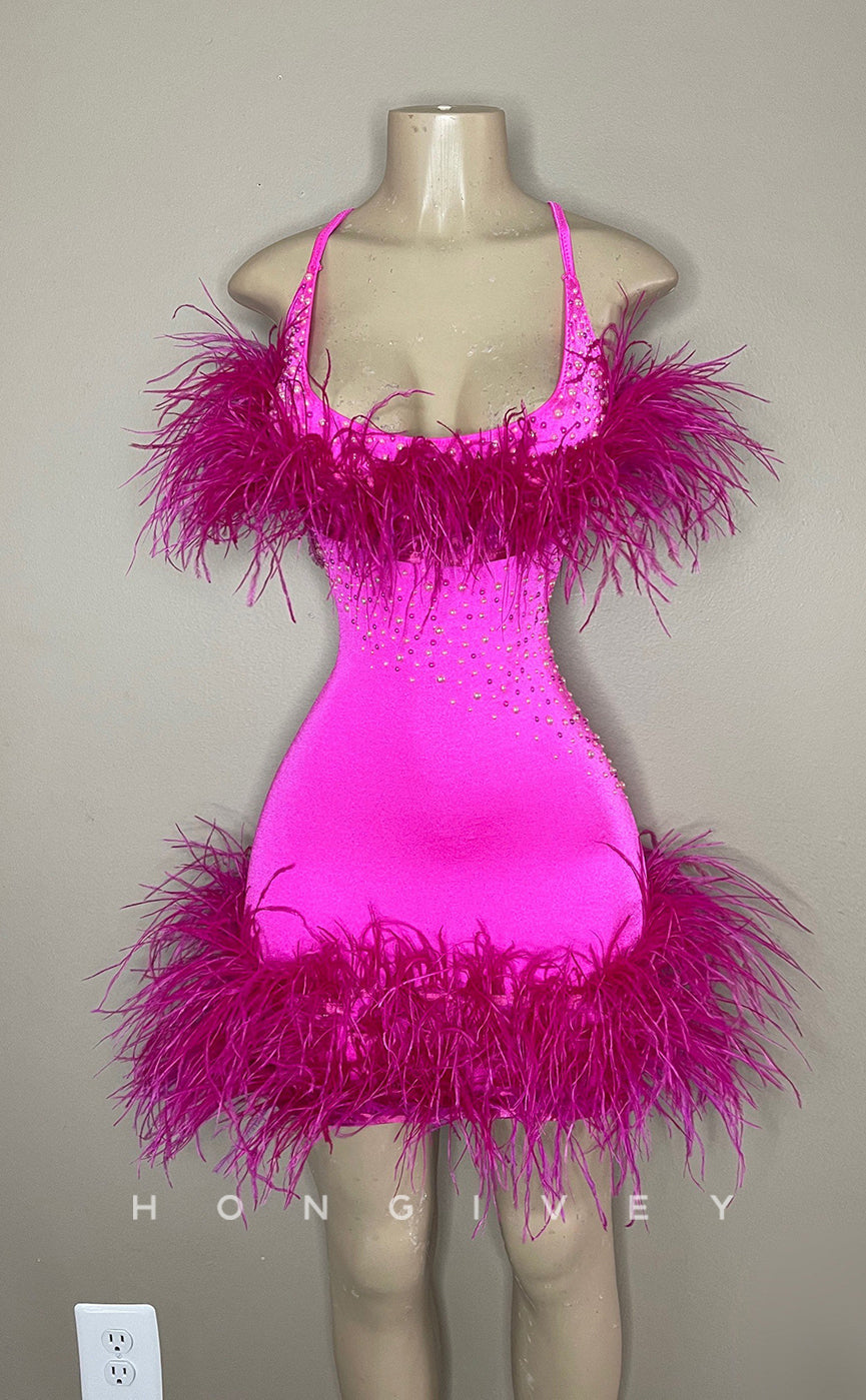 H2023 - Sexy Fitted Square Spaghetti Straps Feathers Short Homecoming Dress - Fashionpara