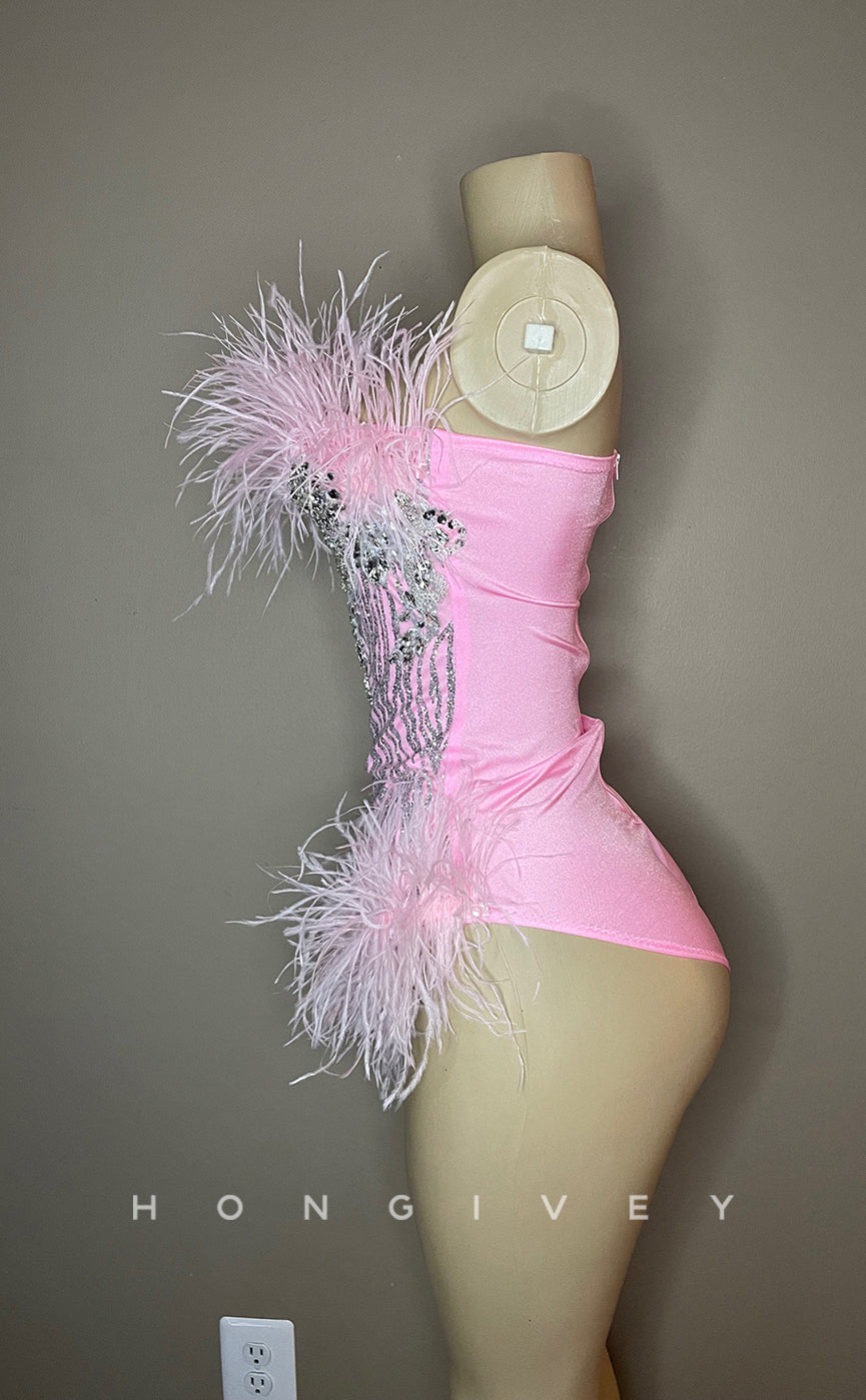H2024 - Sexy Fitted Glitter Strapless Feathers Jumpsuit Short Homecoming Dresses For Black Women - Fashionpara