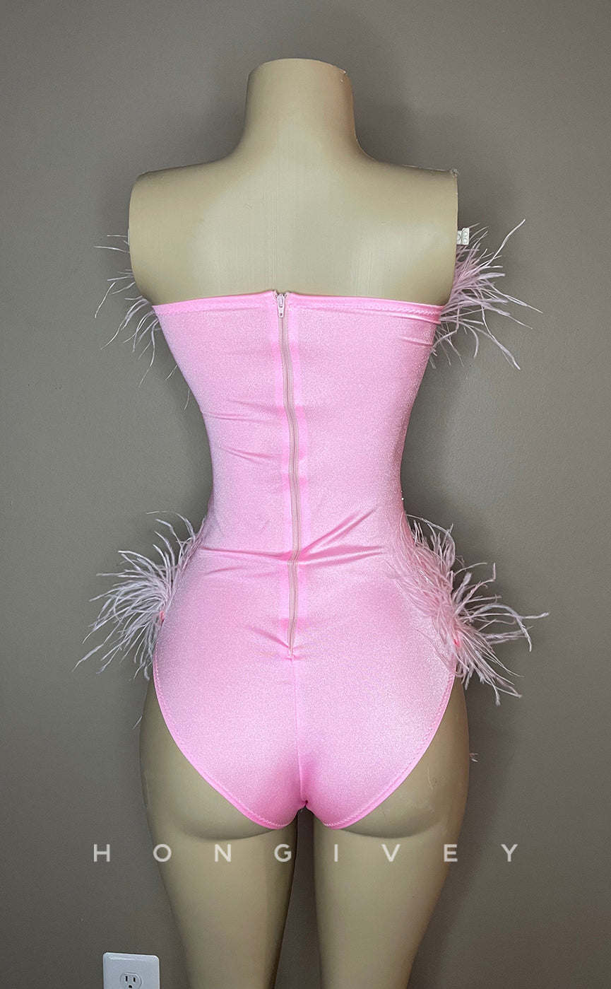 H2024 - Sexy Fitted Glitter Strapless Feathers Jumpsuit Short Homecoming Dresses For Black Women - Fashionpara