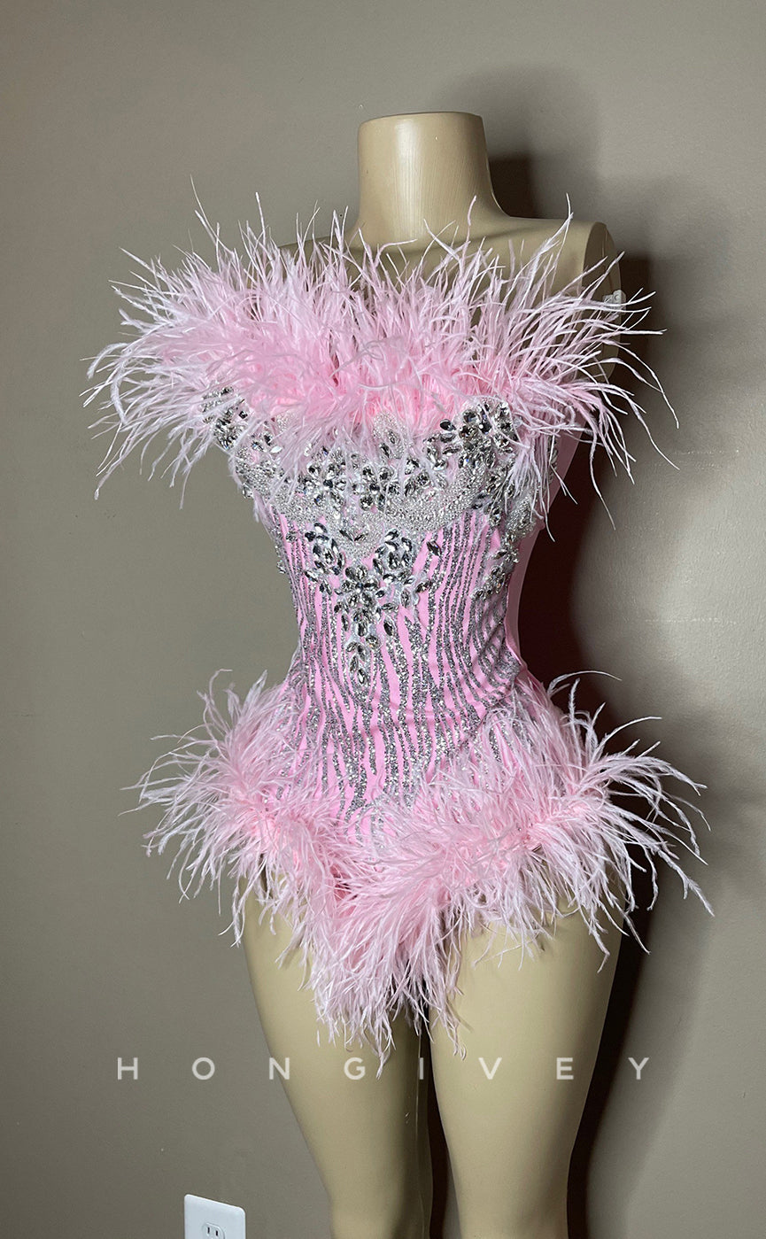 H2024 - Sexy Fitted Glitter Strapless Feathers Jumpsuit Short Homecoming Dresses For Black Women - Fashionpara