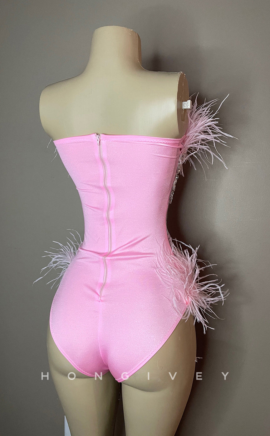 H2024 - Sexy Fitted Glitter Strapless Feathers Jumpsuit Short Homecoming Dresses For Black Women - Fashionpara