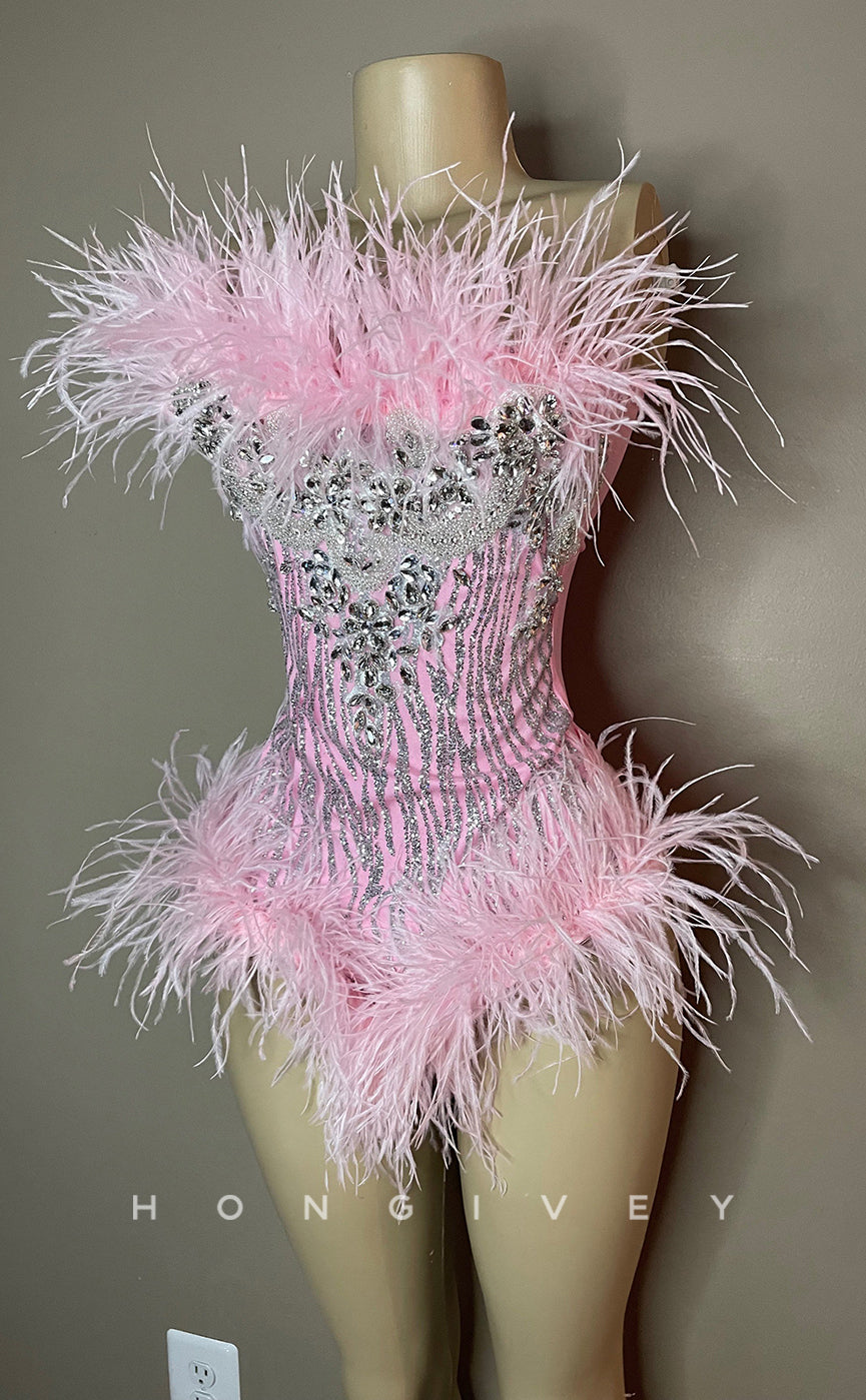 H2024 - Sexy Fitted Glitter Strapless Feathers Jumpsuit Short Homecoming Dresses For Black Women - Fashionpara