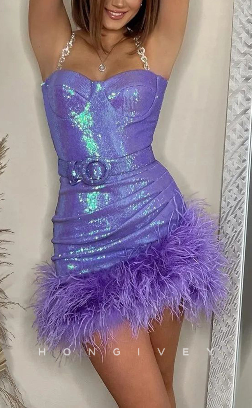 H2045 - Sexy Fitted Glitter Sweetheart Spaghetti Straps Sequined Feathers Belt Short Party/Homecoming Dress - Fashionpara