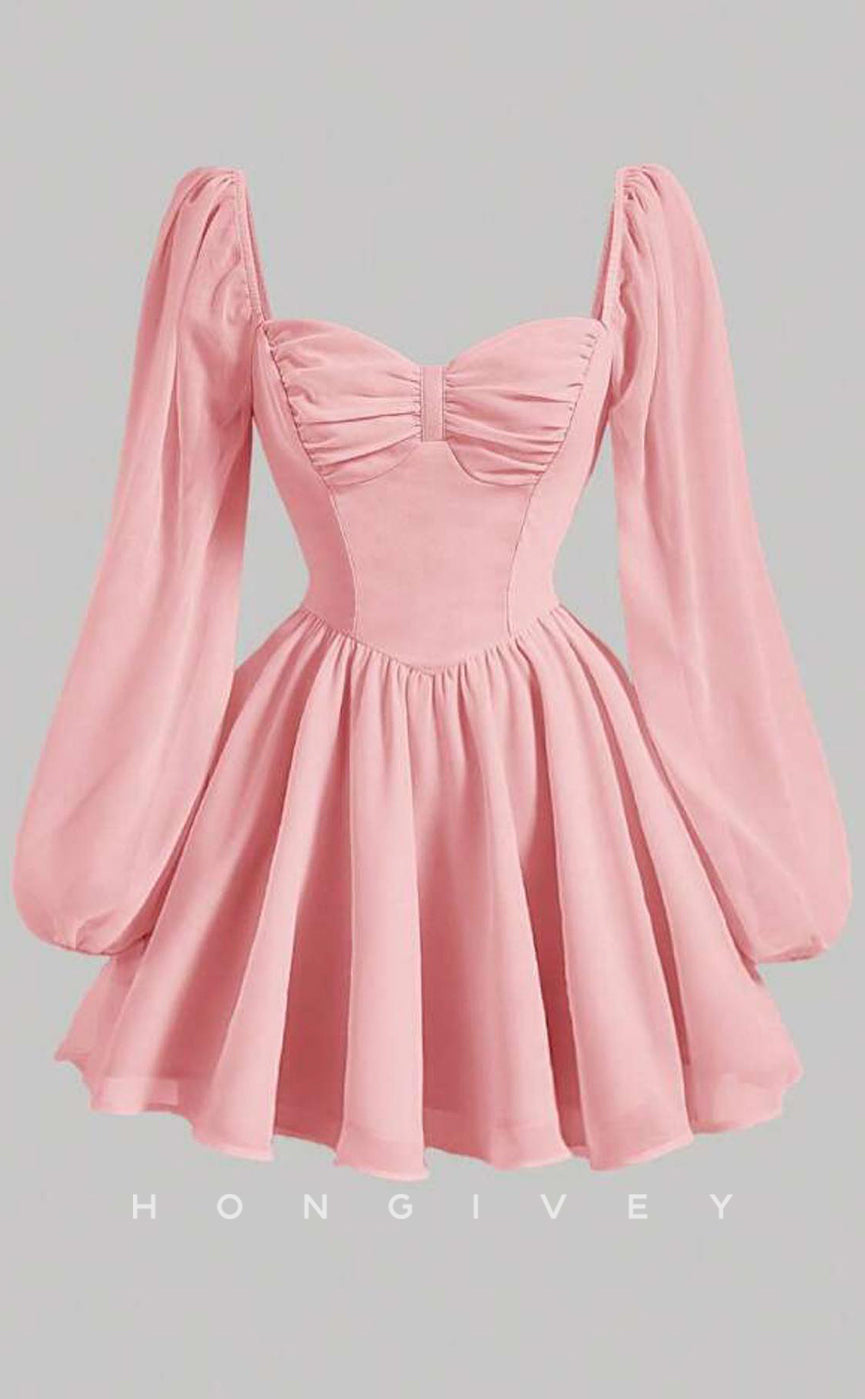 H2056 - Casual Satin A-Line Sweetheart Long Sleeve Ruched Short Party/Homecoming Dress - Fashionpara
