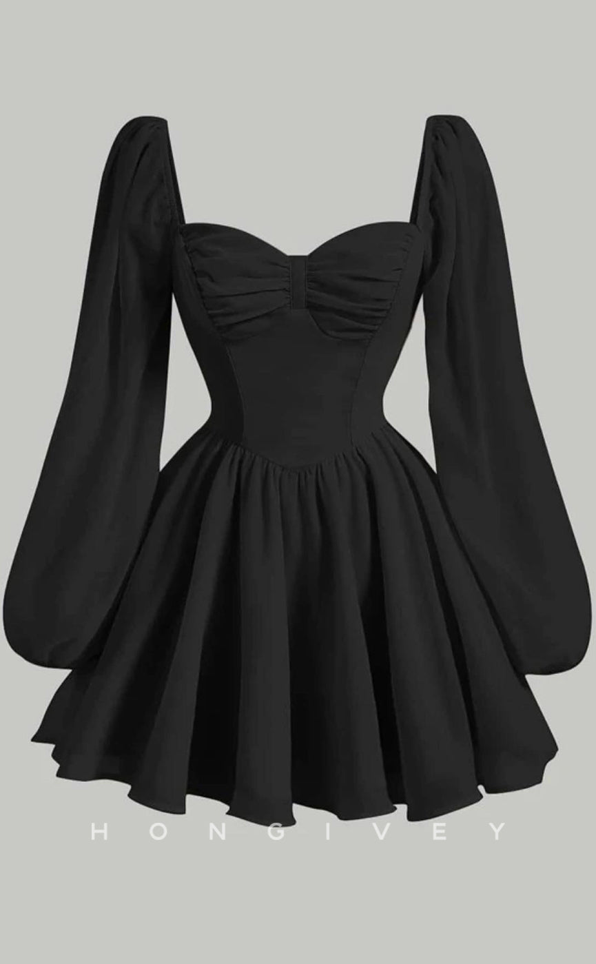 H2056 - Casual Satin A-Line Sweetheart Long Sleeve Ruched Short Party/Homecoming Dress - Fashionpara