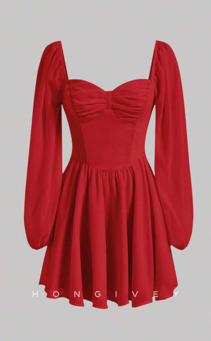 H2056 - Casual Satin A-Line Sweetheart Long Sleeve Ruched Short Party/Homecoming Dress - Fashionpara