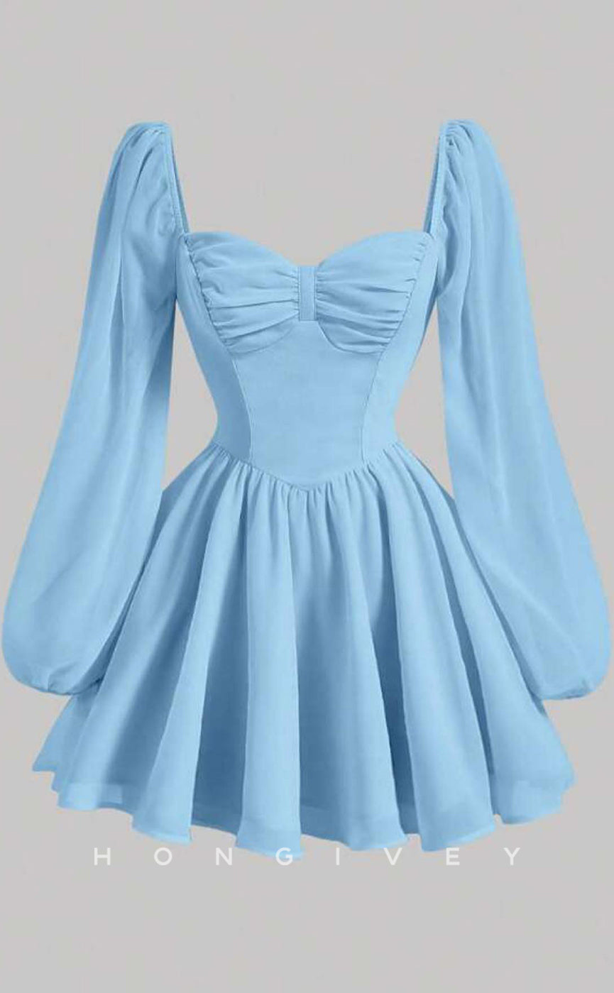 H2056 - Casual Satin A-Line Sweetheart Long Sleeve Ruched Short Party/Homecoming Dress - Fashionpara