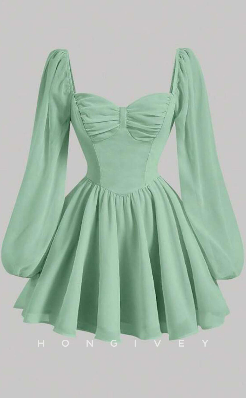 H2056 - Casual Satin A-Line Sweetheart Long Sleeve Ruched Short Party/Homecoming Dress - Fashionpara