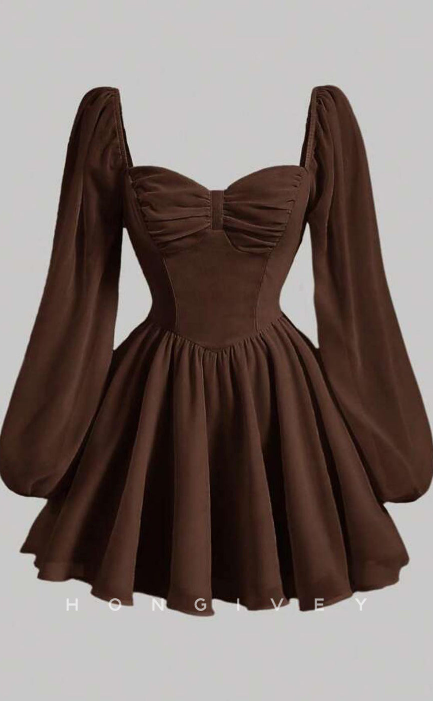 H2056 - Casual Satin A-Line Sweetheart Long Sleeve Ruched Short Party/Homecoming Dress - Fashionpara