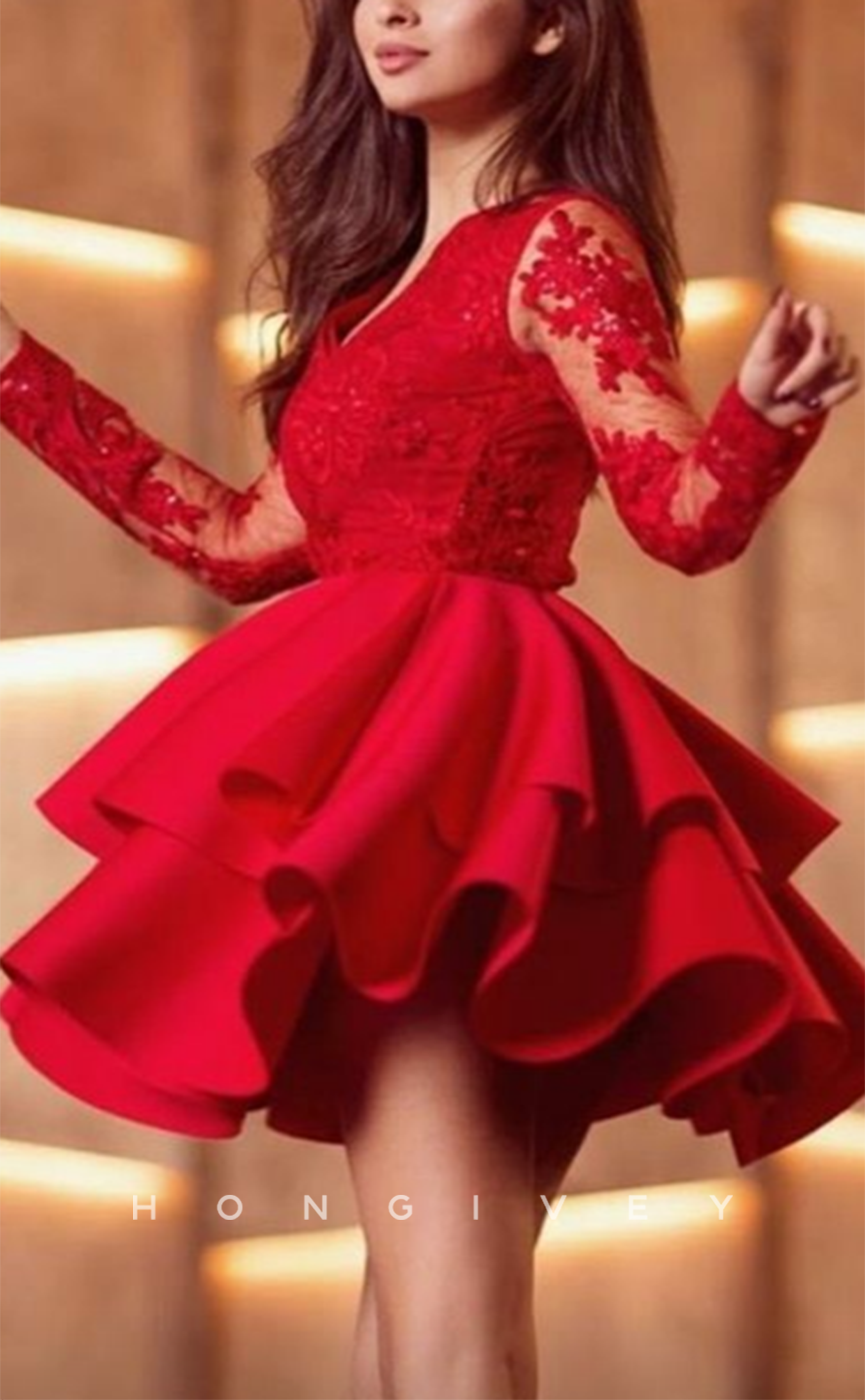 H2080 - Sexy Red Satin A-Line Empire V-Neck Lace Long Sleeve Short Party/Homecoming Dress - Fashionpara