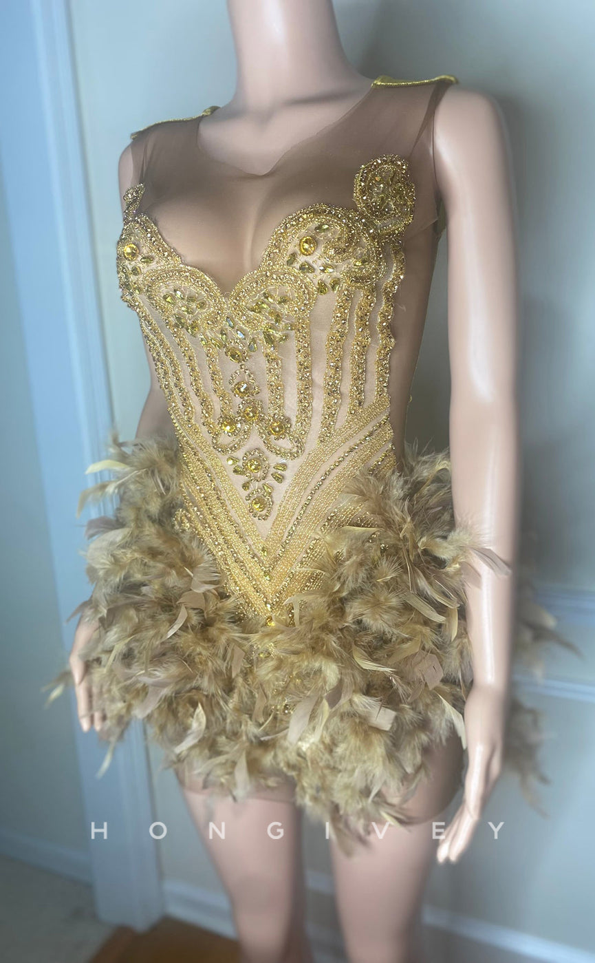 H2090 - Sexy Fitted Glitter Round Sleeveless Rhinestone Feathers Homecoming Dresses For Black Women - Fashionpara