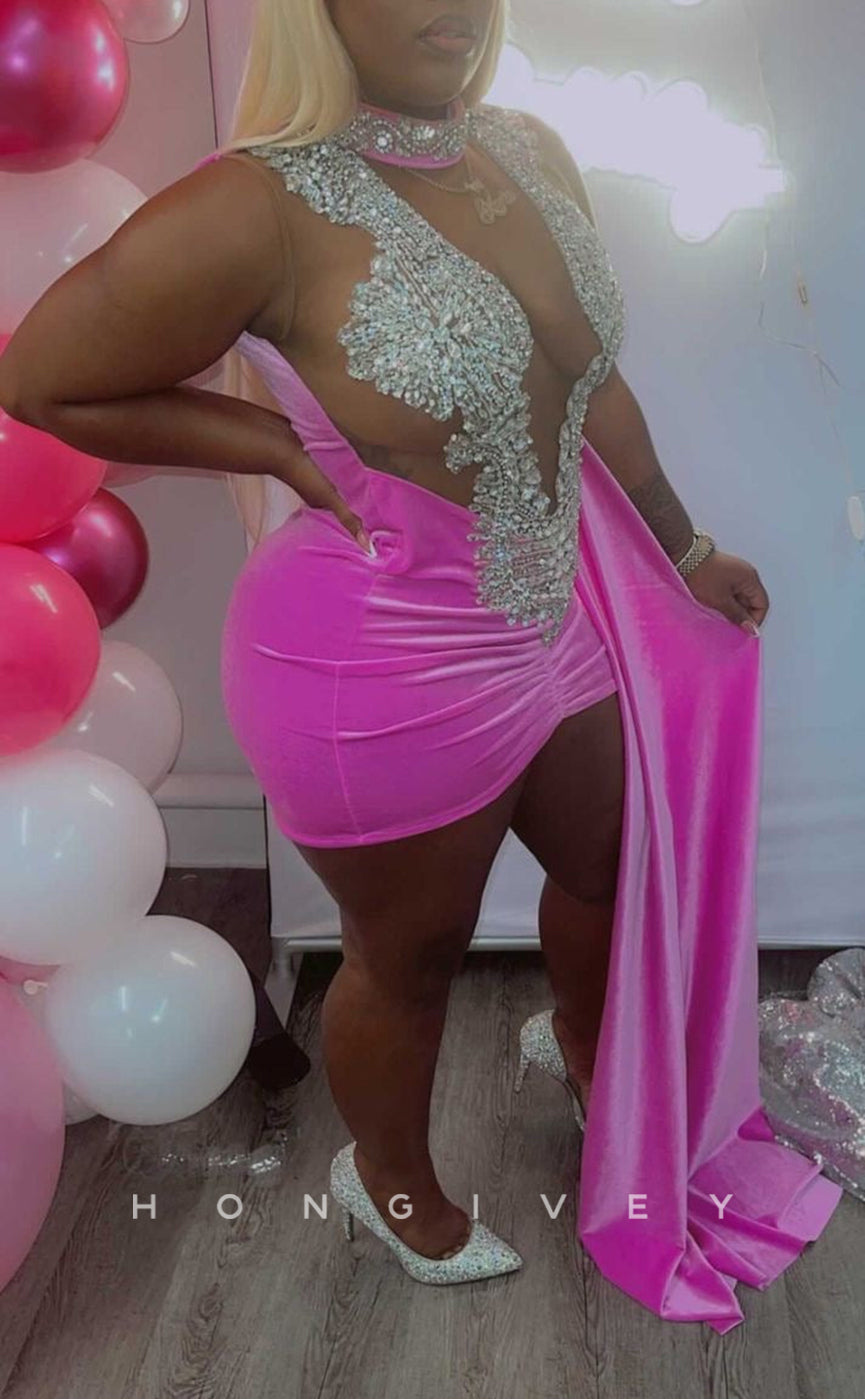 H2091 - Sexy Fitted Glitter Illusion High Neck Ruched Detachable Train Homecoming Dresses For Black Women - Fashionpara