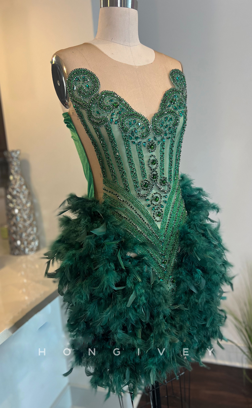 - Sexy Fitted Glitter Illusion Scoop Cap Sleeves Feathers Homecoming Dresses For Black Women
