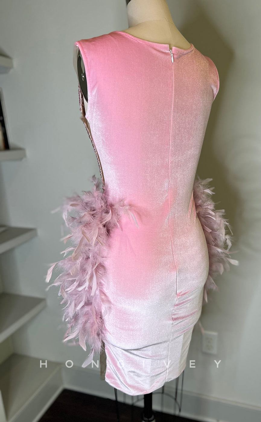 - Sexy Fitted Glitter Illusion Scoop Sleeveless Sequined Feathers Homecoming Dresses For Black Women