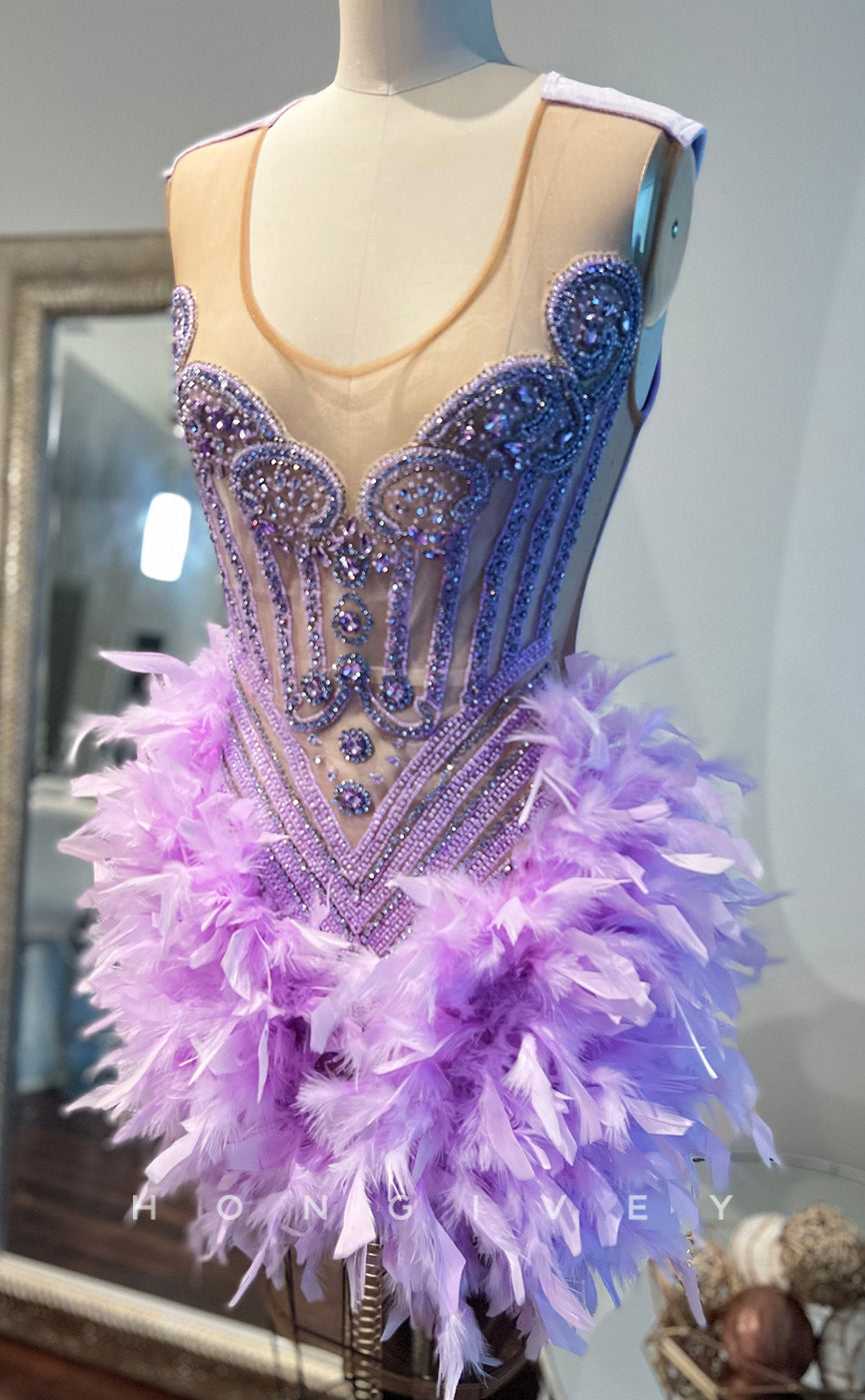 - Sexy Fitted Glitter Scoop Sleeveless Feathers Beaded Homecoming Dresses For Black Women
