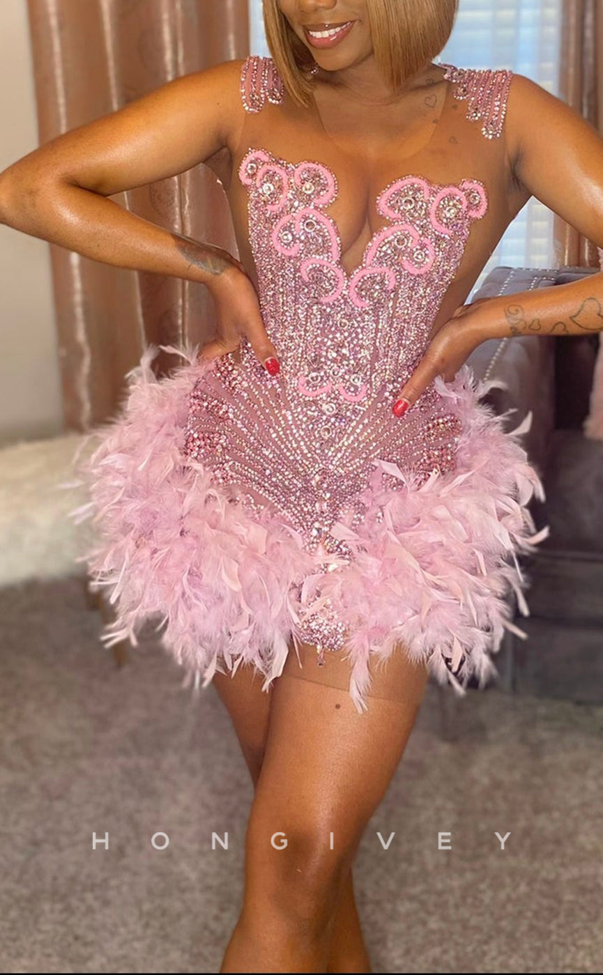 - Sexy Fitted Glitter Scoop Sleeveless Feathers Beaded Homecoming Dresses For Black Women
