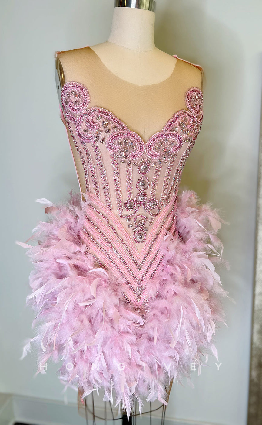 - Sexy Fitted Glitter Scoop Sleeveless Feathers Beaded Homecoming Dresses For Black Women