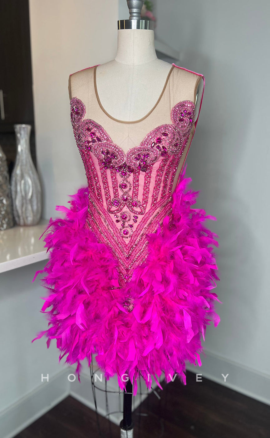 - Sexy Fitted Glitter Scoop Sleeveless Feathers Beaded Homecoming Dresses For Black Women