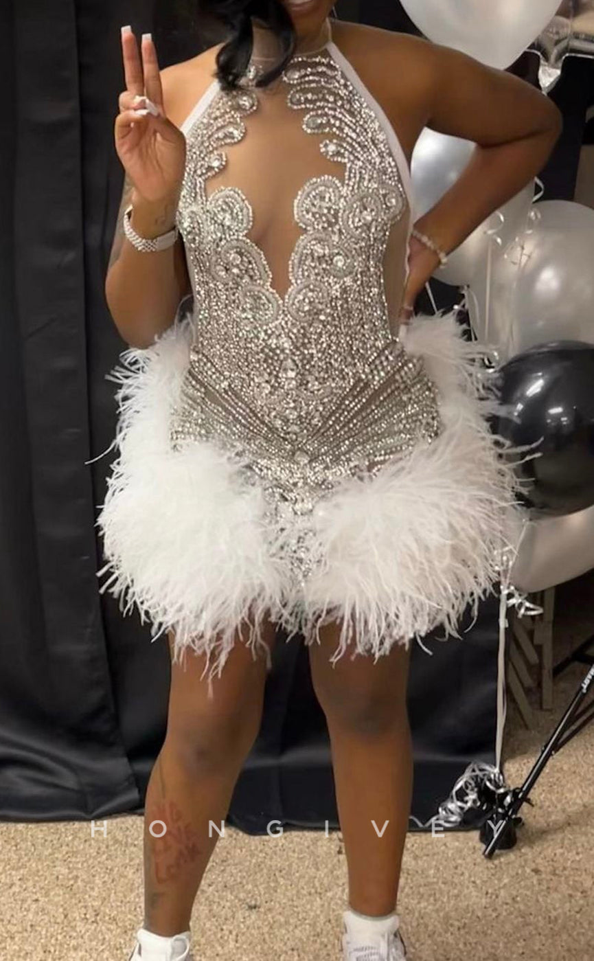 - Sexy Fitted Glitter Scoop Sleeveless Feathers Beaded Homecoming Dresses For Black Women