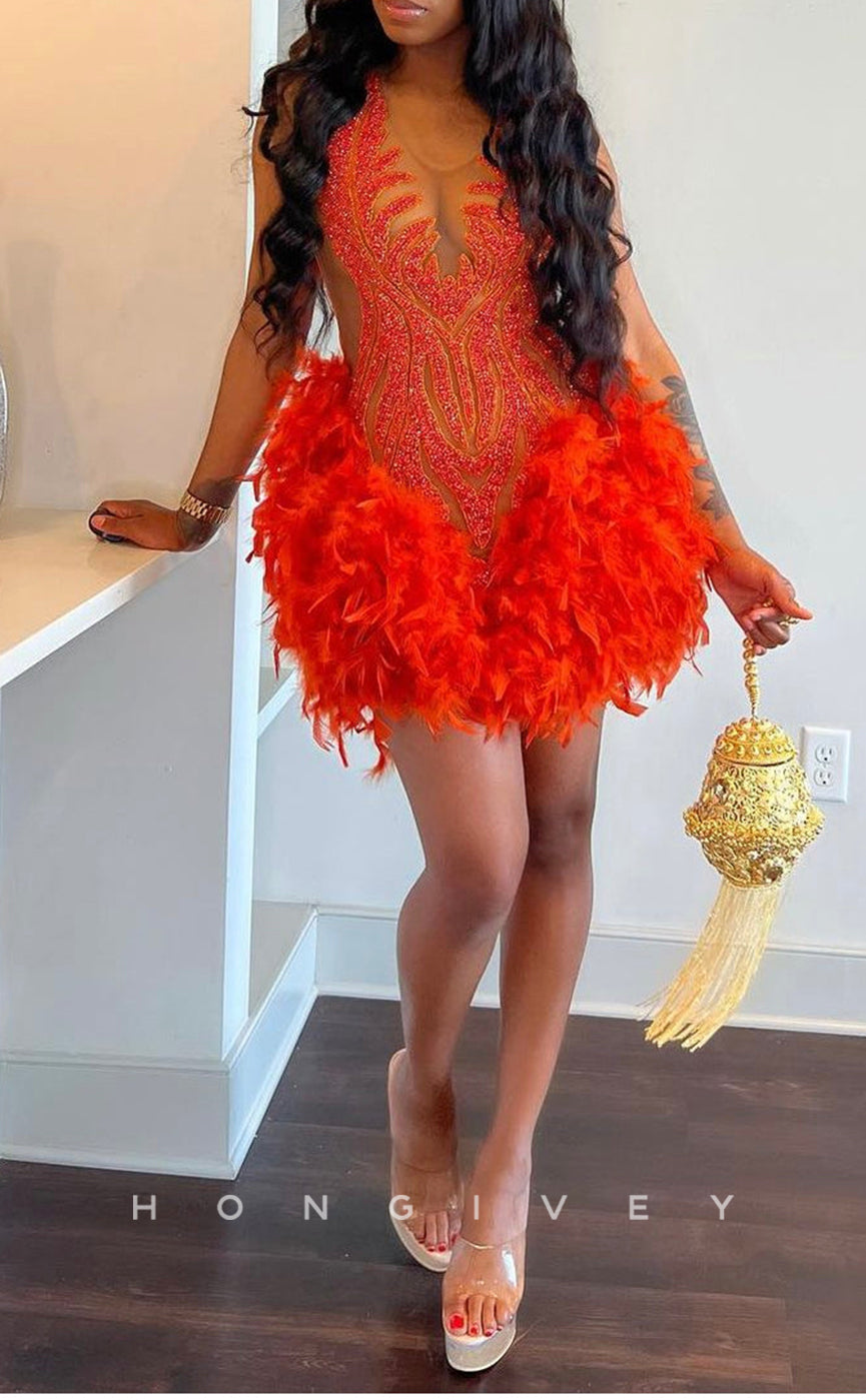 - Sexy Fitted Glitter Scoop Sleeveless Feathers Beaded Homecoming Dresses For Black Women