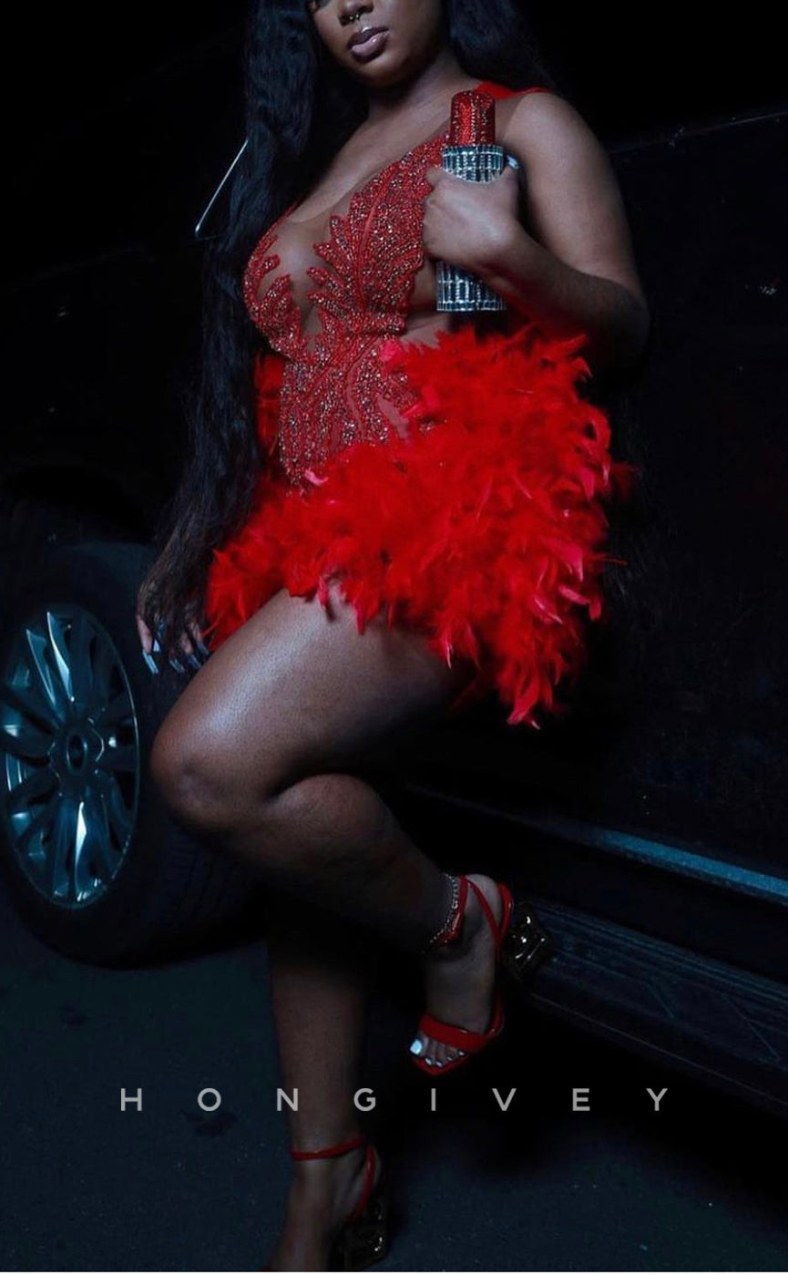 - Sexy Fitted Glitter Scoop Sleeveless Feathers Beaded Homecoming Dresses For Black Women