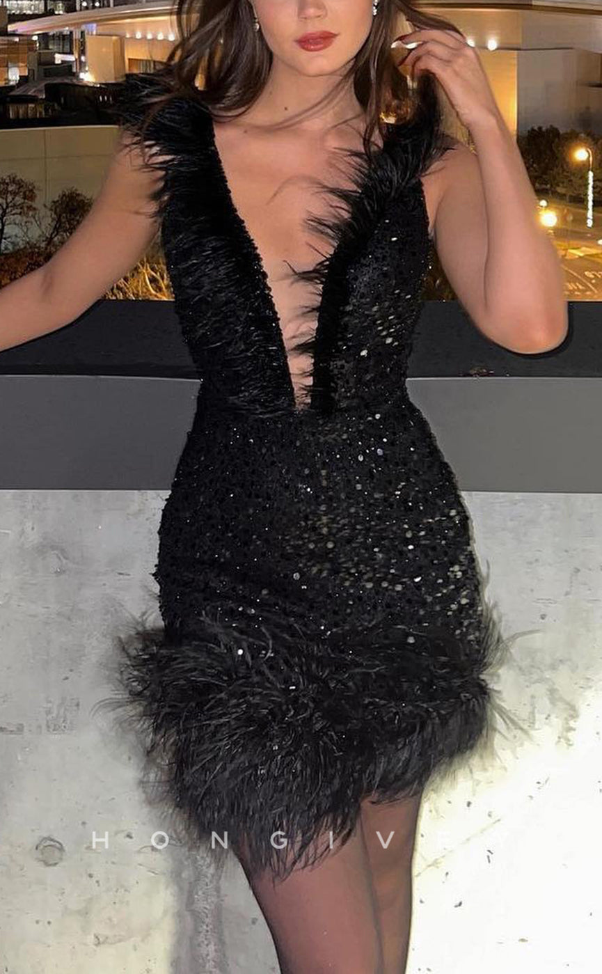 - Chic Fitted Glitter V-Neck Sequined Feathers Short Party/Homecoming Dress