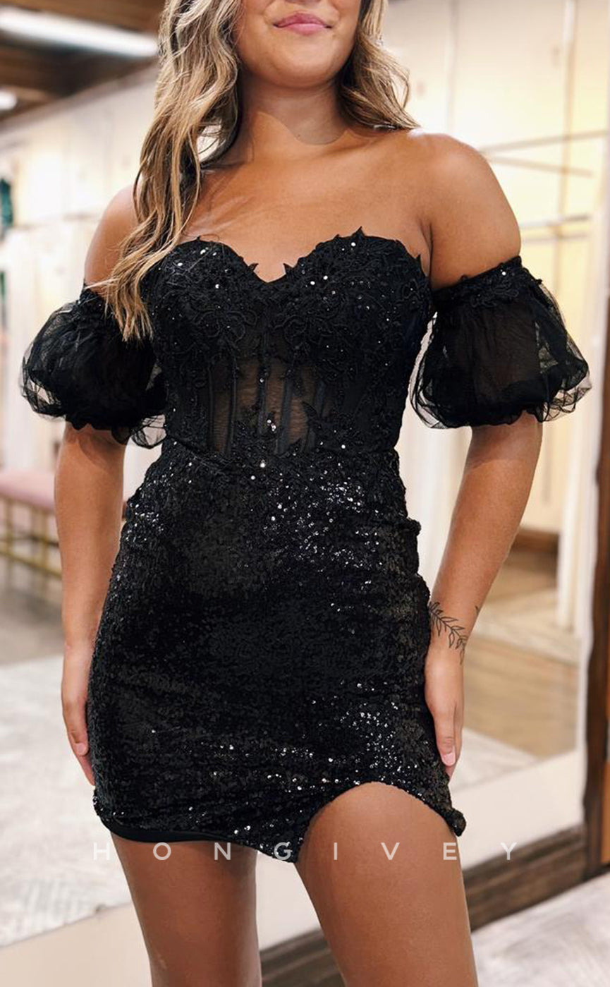 H2135 - Sexy Fitted Glitter Sweetheart Strapless Puff Sleeves Gown Appliques Party/Homecoming Dress