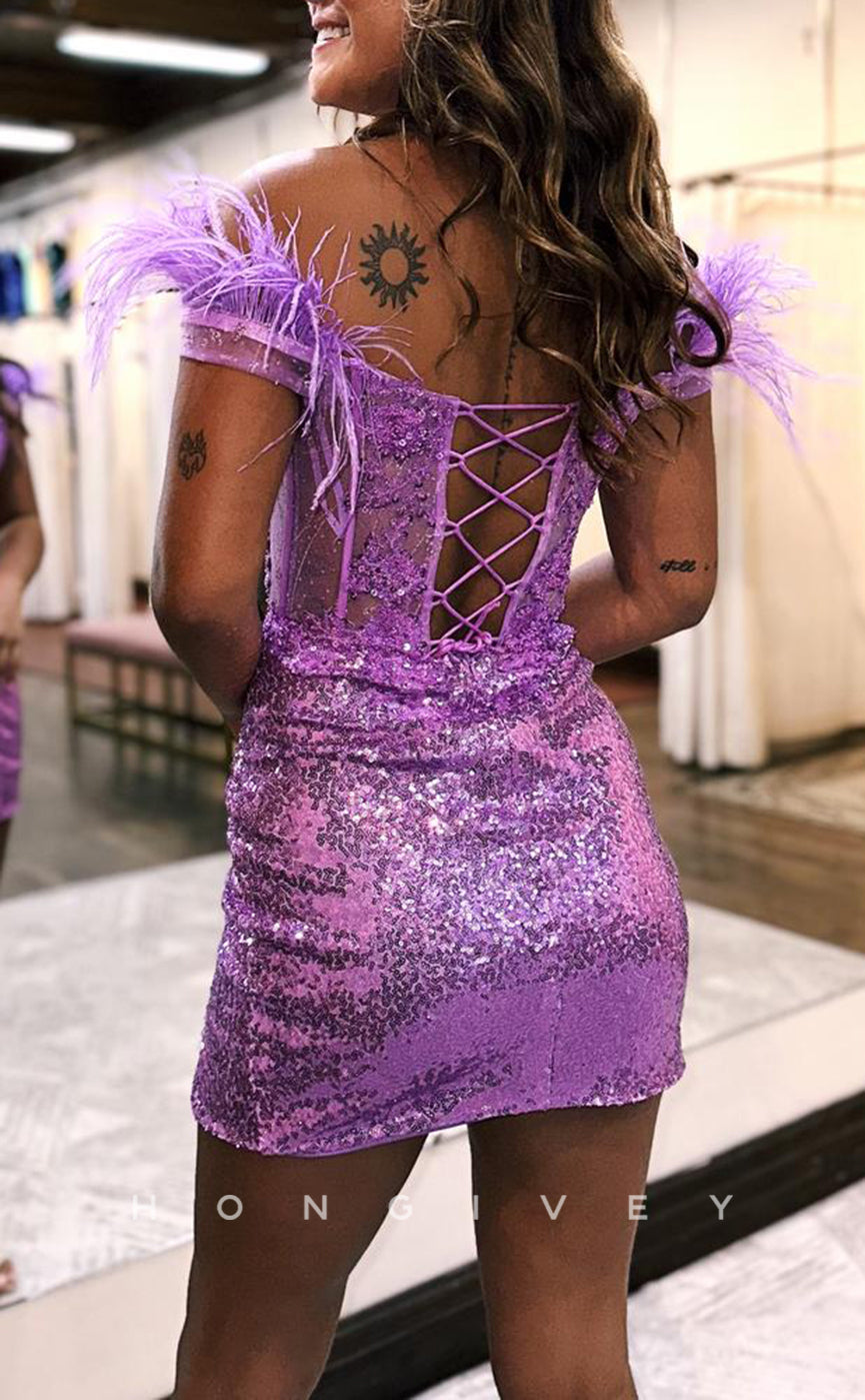 - Sexy Fitted Glitter Off-Shoulder Feathers Appliques Pleats Party/Homecoming Dress