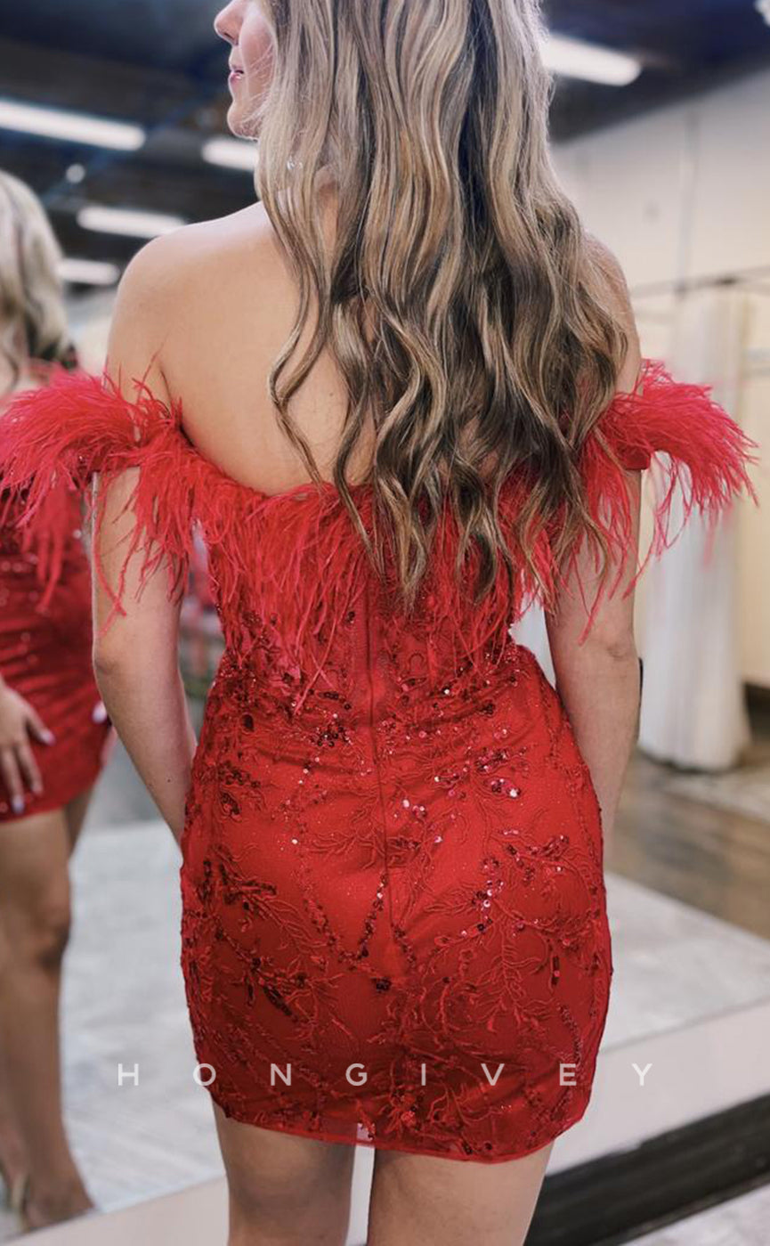 - Sexy Fitted Satin Off-Shoulder Feathers Appliques Party/Homecoming Dress