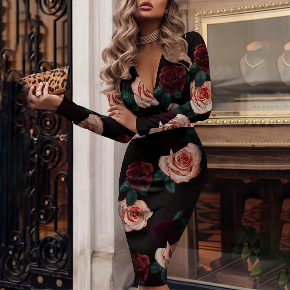 Floral Print Deep V-Neck Long Sleeve Wrap Bodycon Midi Dress