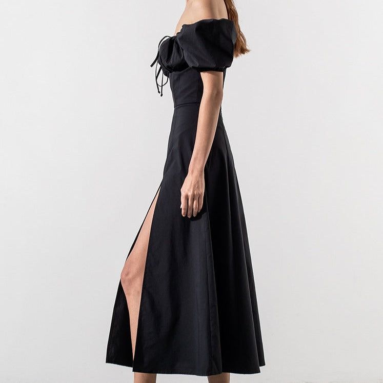 Ruched Bust Square Neck Puff Sleeve Split Midi Dress 6