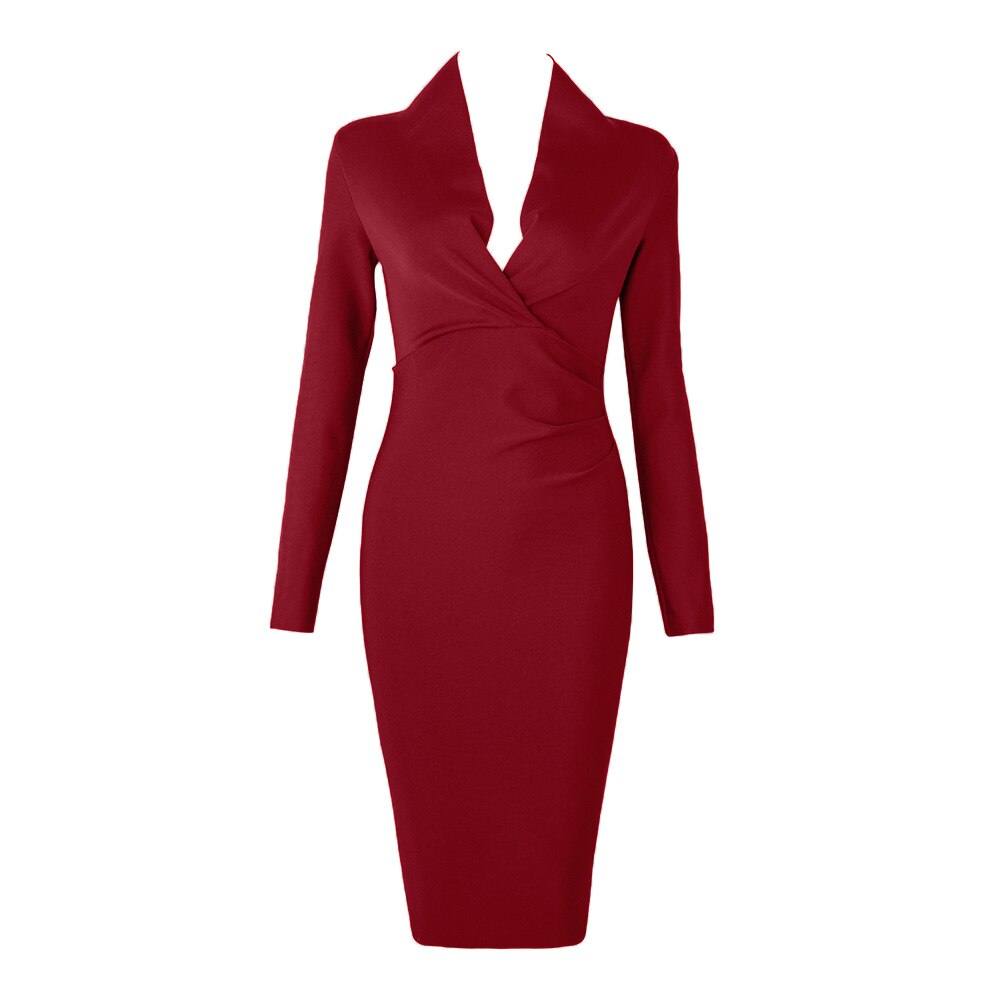 Deep V-Neck Long Sleeve Ruched Bodycon Midi Dress 7