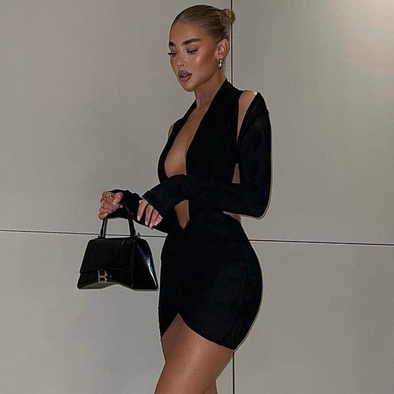 Plunge Neck Long Sleeve Cold Shoulder Bodycon Mini Dress 2