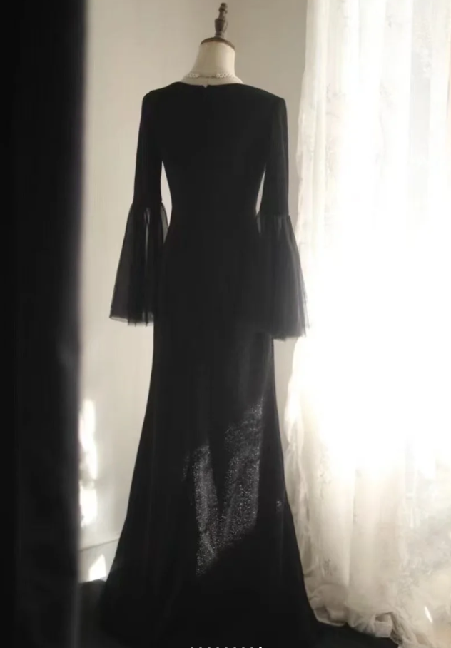 Elegant Black V Neck Satin Sequin Mermaid Party Dress Birthday Prom Gown D1271