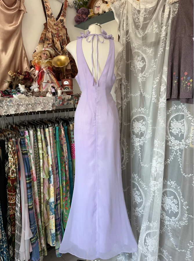 Pretty Sleeveless Lilac Chiffon Beaded Mermaid Long Wedding Guest Dress Evening Dress D1784