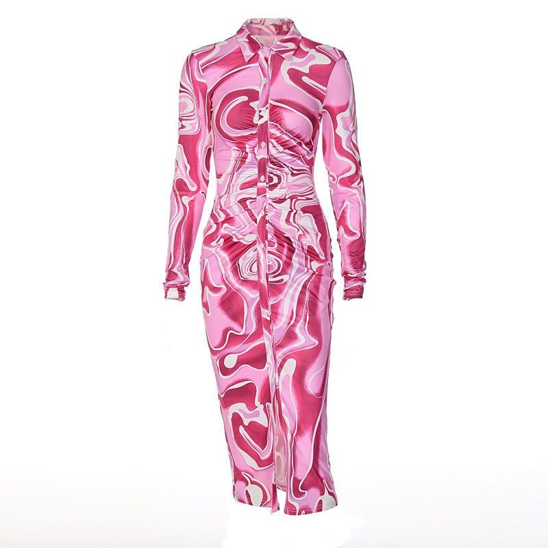 Abstract Print Collared Long Sleeve Button Front Midi Dress 5
