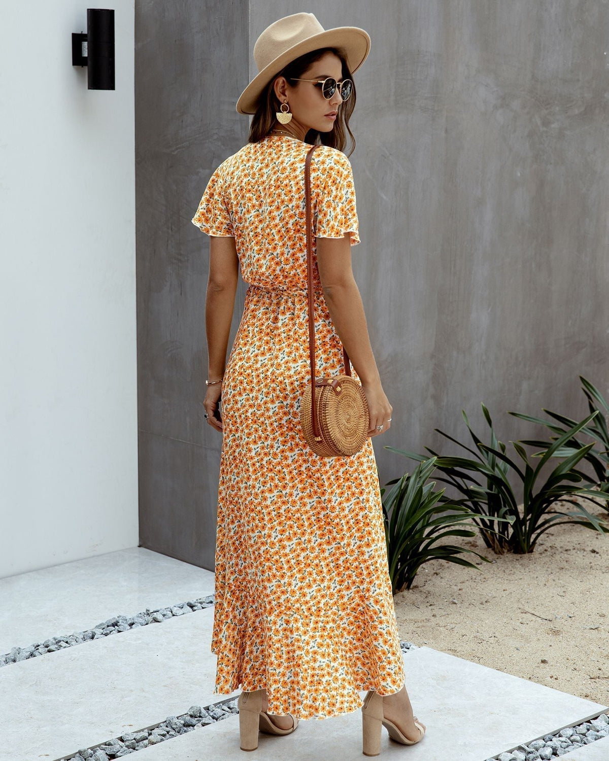 Ditsy Floral V-Neck Flutter Sleeve High-Low Maxi Dress 16