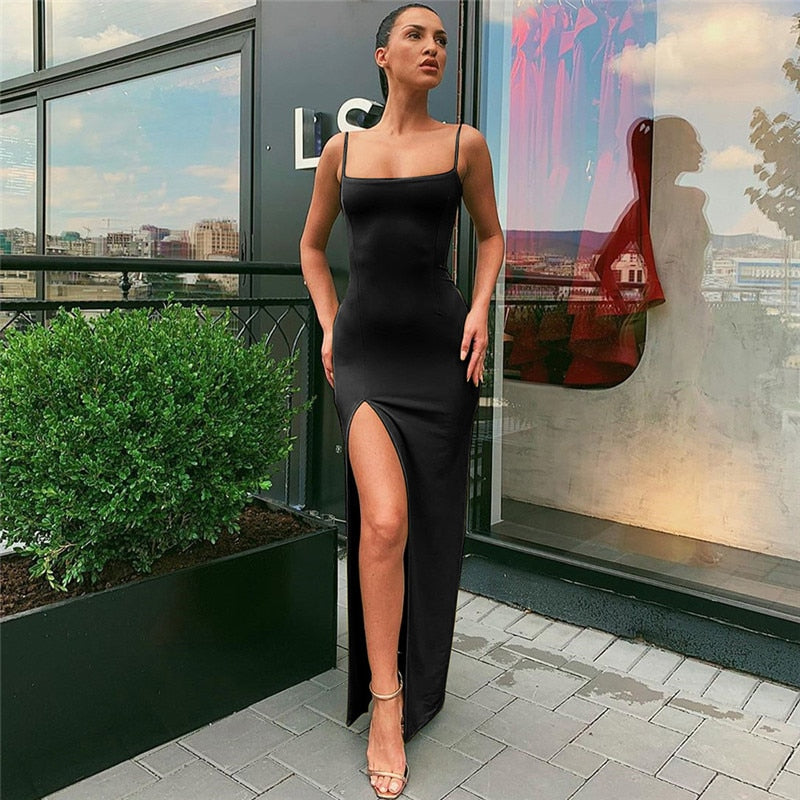 Spaghetti Strap Square Neck Princess Seam Bodycon Maxi Dress