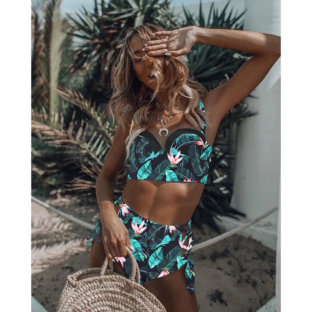 Leaf Print Halter Retro Two Piece Set
