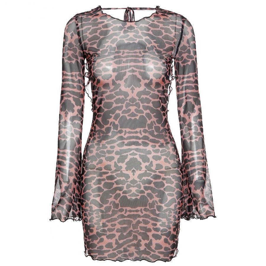 Leopard Print Mesh Backless Bell-Sleeve Mini Dress 6