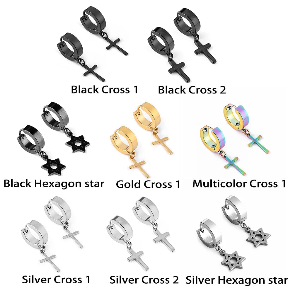 Men Rebellious Cross Stars Stainless Steel Earring