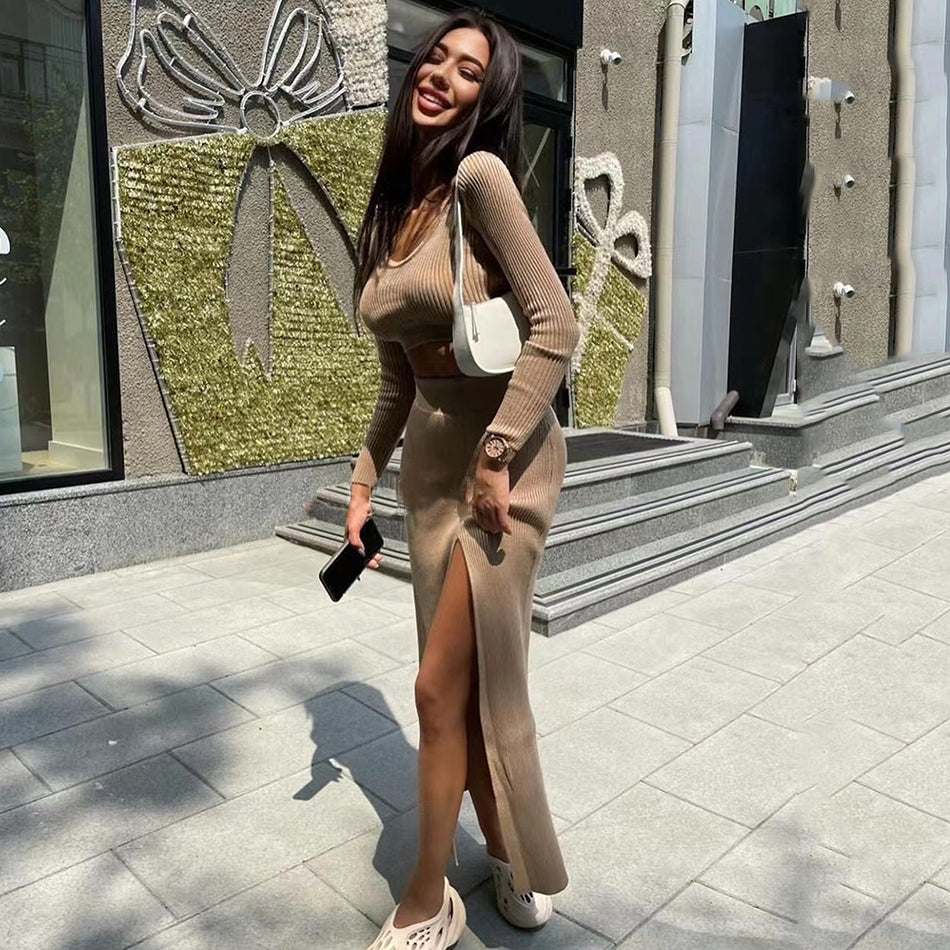 Florence High Waist Split Skirt and Top Knit Two Piece Set