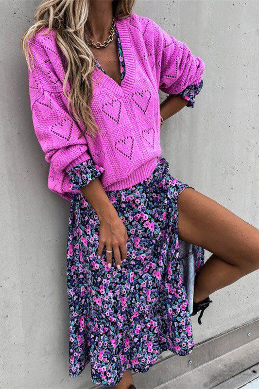 RadyRin Hollow-Out V Neck Long Sleeve Knit Sweater