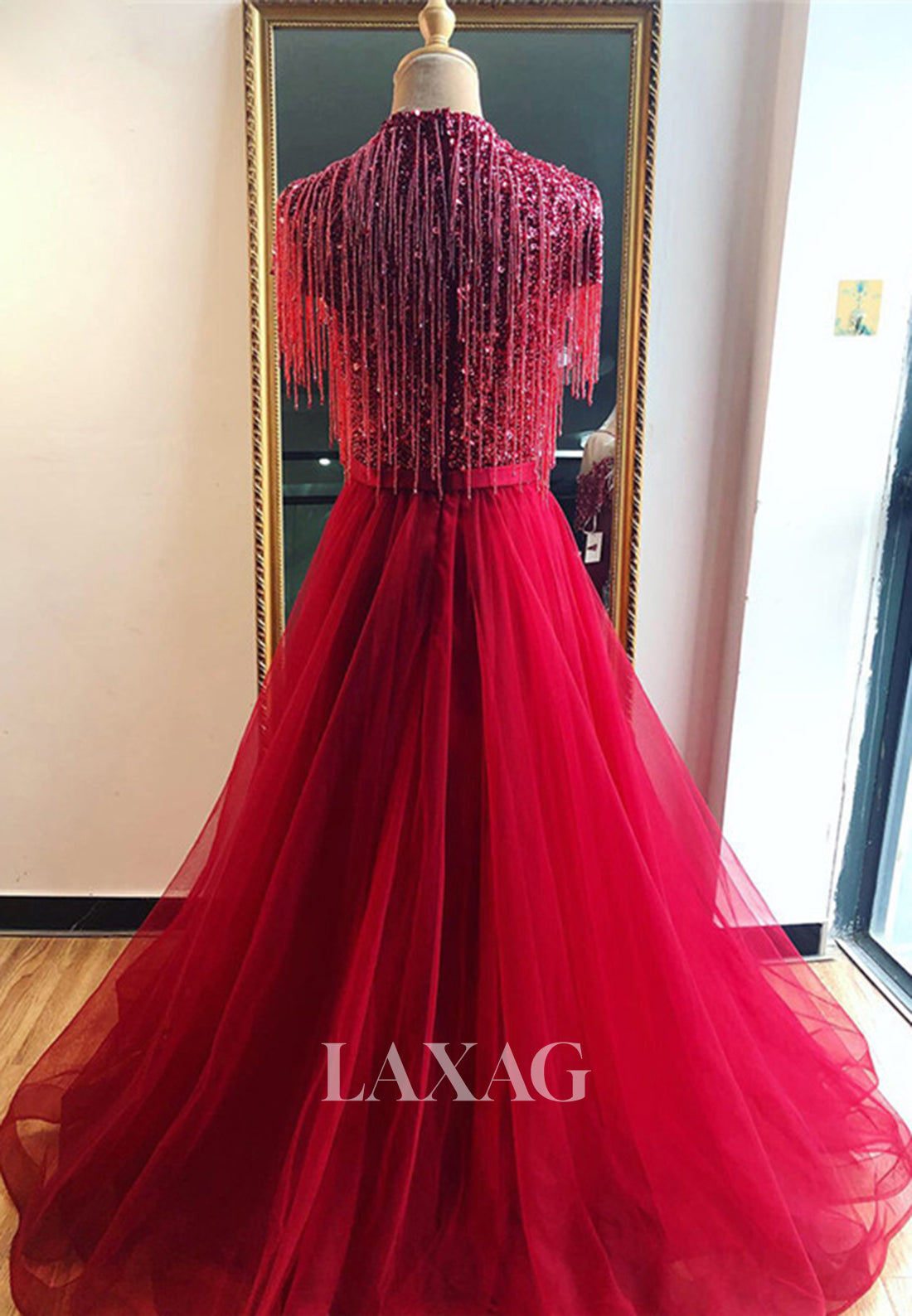 Unique High-Neck Cap-Sleeves Sequins Beaded Pleated Tulle A-Line Formal Evening Dress - Fashionpara