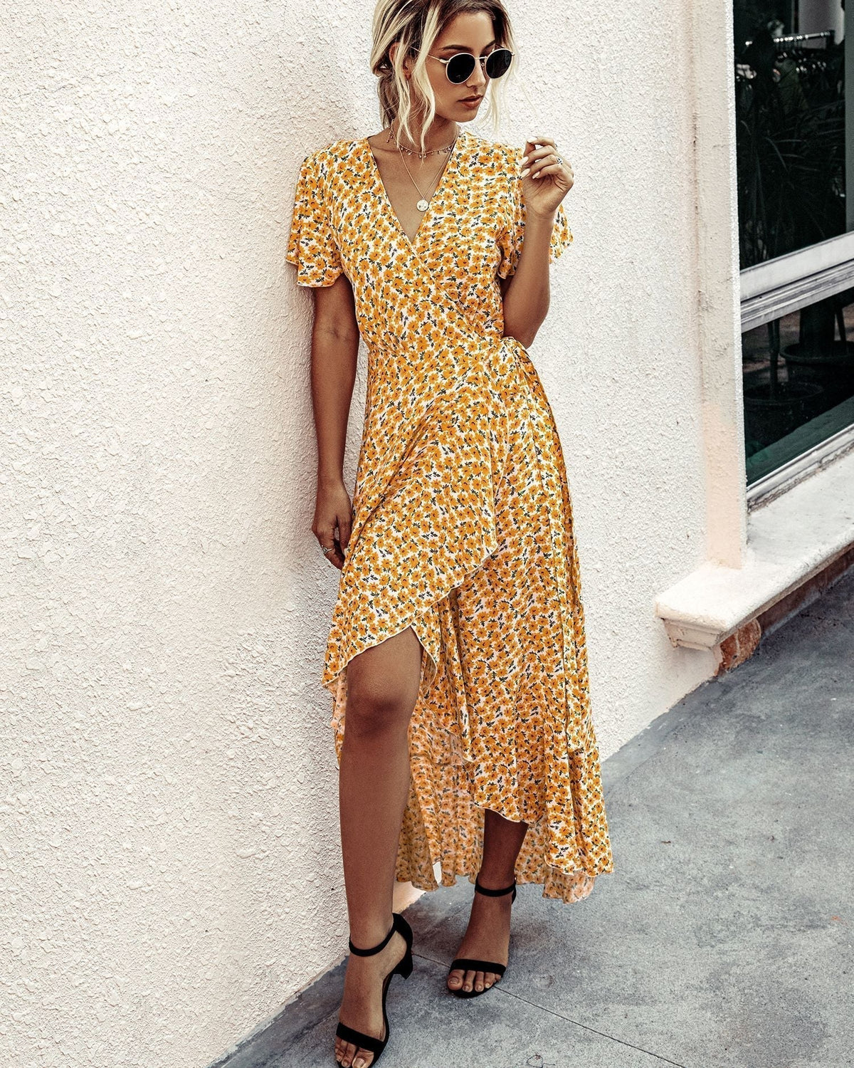 Ditsy Floral V-Neck Flutter Sleeve High-Low Maxi Dress 11
