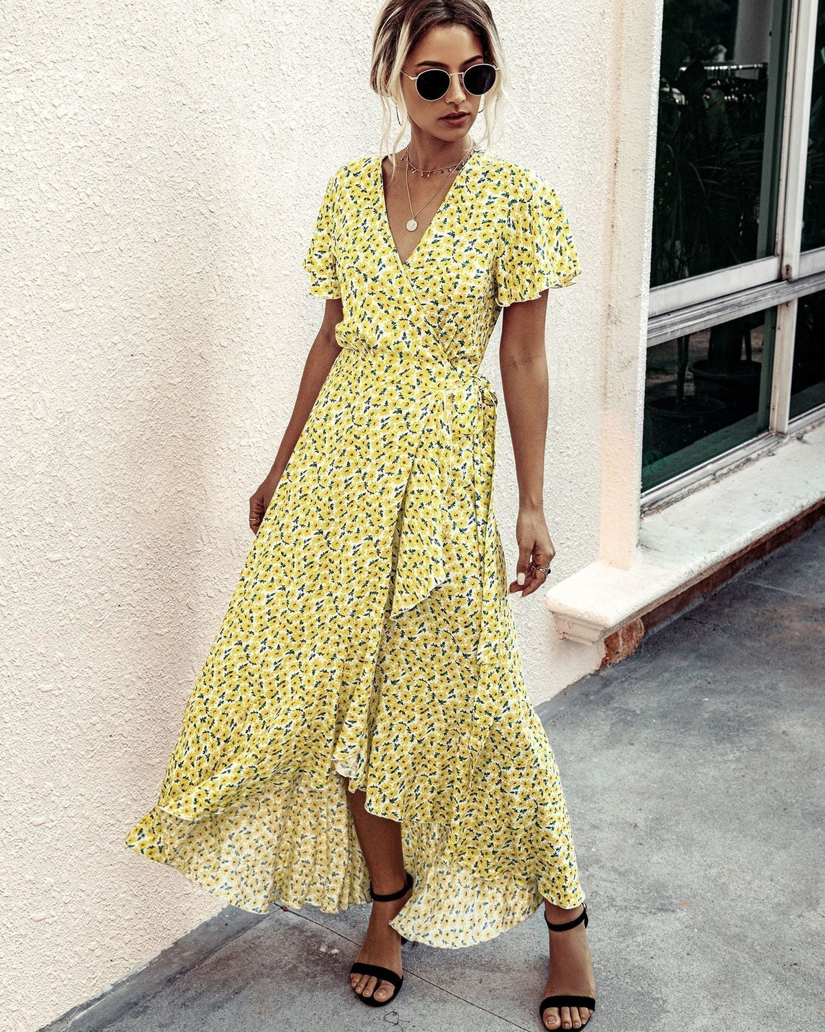 Ditsy Floral V-Neck Flutter Sleeve High-Low Maxi Dress 17