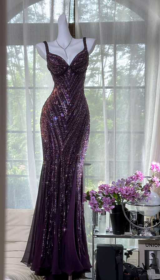 Vintage V Neck Dark Purple Chiffon Sequin Mermaid Long Party Gown Evening Dress D980