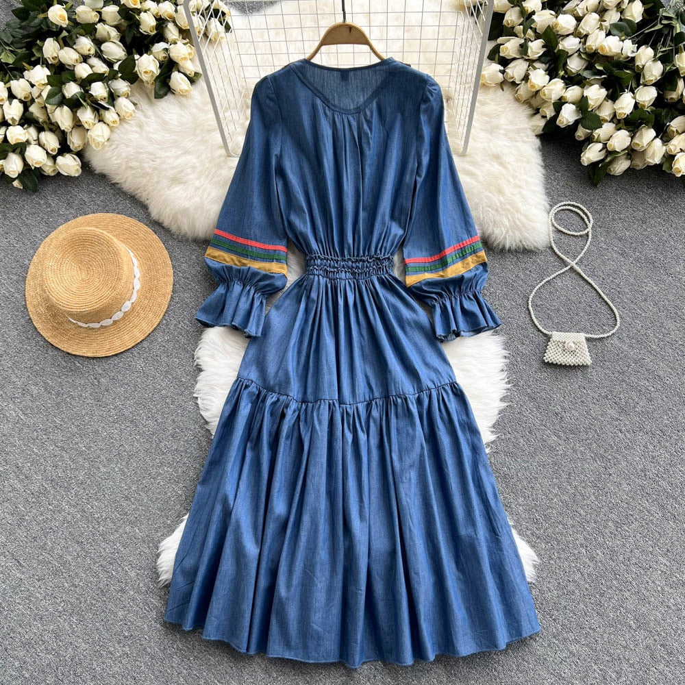 Embroidered Round Neck Long Sleeve Tiered Midi Dress