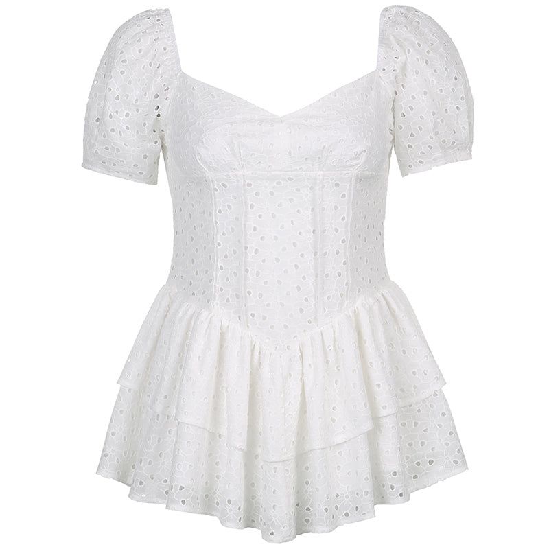 Broderie Anglaise Puff-Sleeve Corset Tiered Ruffle Mini Dress 11