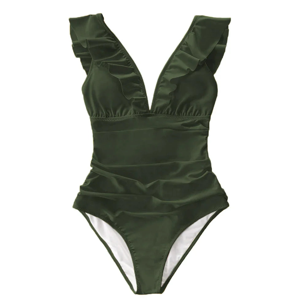 Ruffled V-neck Lace Up Monokini One Piece Set